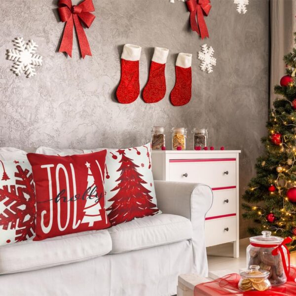 4PCS Christmas Pillow Covers 18x18 inch Winter Throw Pillow Covers Red Christmas Tree Snowflake 2