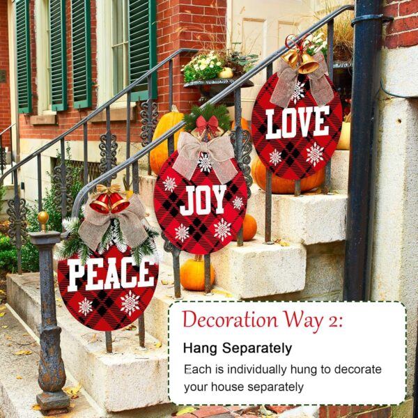 3 Pieces Christmas Hanging Sign Decorations Peace Joy Love Sign Buffalo Check Plaid Wreath 2