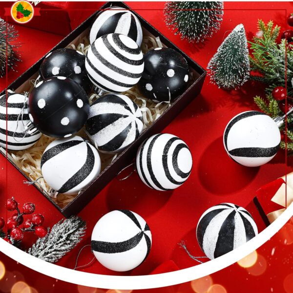 12 Pcs Christmas Ball Ornaments 2.4 Inch Black and White Christmas Hanging Balls Red Green Glittering Balls Elf Plastic Balls 2
