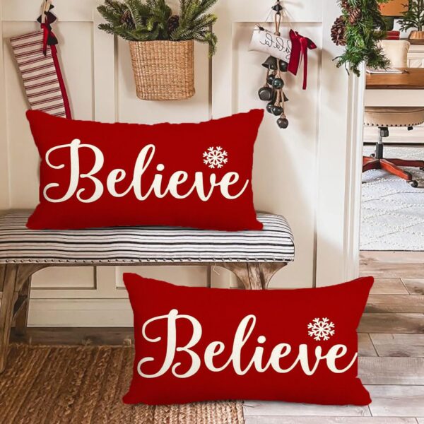 Christmas Pillow Covers 12x20,Red Believe Christmas Lumbar Pillows 2