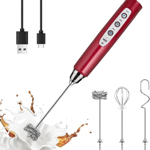 Red Milk Frother Handheld with 3 Heads
