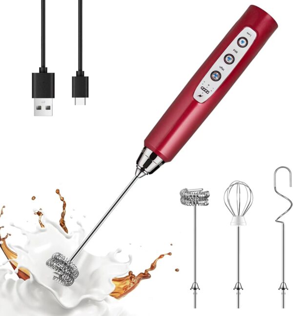 Red Milk Frother Handheld with 3 Heads 1
