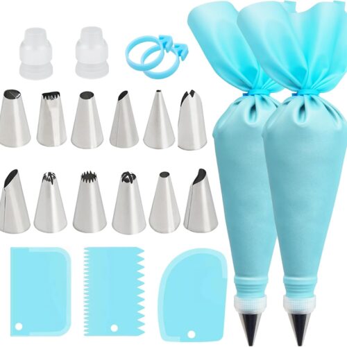 61fWZfh7pIL._AC_SL1500_ Piping Bags and Tips Set, Reusable Cake Decorating Supplies with 2 Reusable Bags, 12 Icing Tips, 2 Silicone Rings, 2 Couplers and 3 Scrapers
