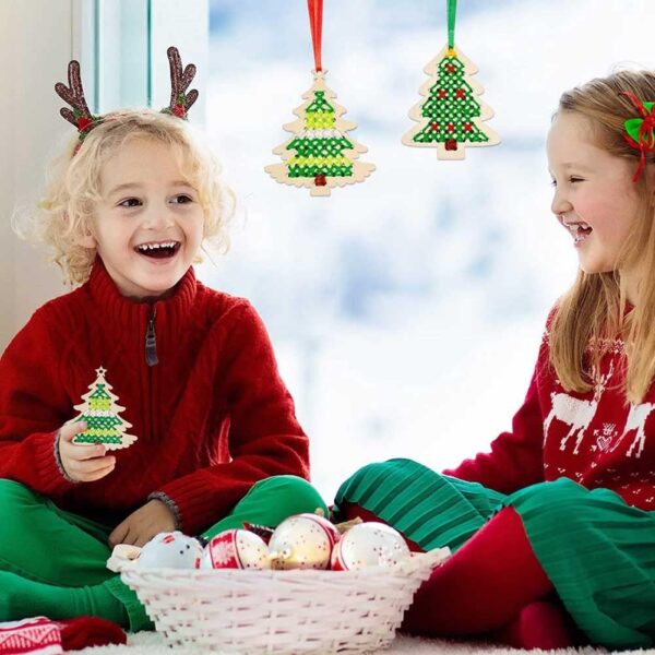 10 pcs Christmas Wooden Cross Stitch Kits Cross Stitch Wood Ornaments Christmas Hanging Decors 3