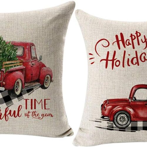 Red Truck Christmas Decor Outdoor Christmas Throw Pillow Covers 18x18 for Home Car Office, Set of 2
