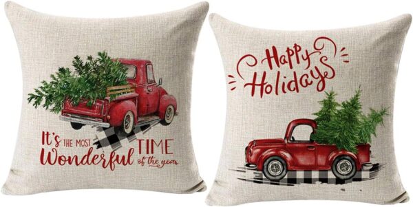 Red Truck Christmas Decor Outdoor Christmas Throw Pillow Covers 18x18 for Home Car Office, Set of 2 1