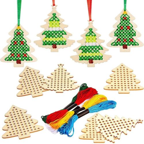71-+whvaZCL._AC_SL1001_ 10 pcs Christmas Wooden Cross Stitch Kits Cross Stitch Wood Ornaments Christmas Hanging Decors
