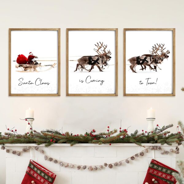 Framed Set of 3 Christmas Wall Art Christmas Santa Claus with Sleigh Deer 3