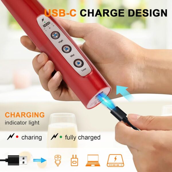 Red Milk Frother Handheld with 3 Heads 3