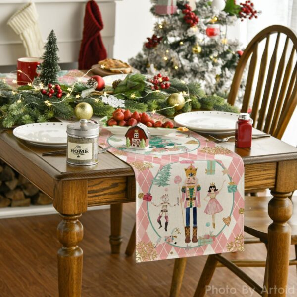 Pink Diamond Plaid Nutcracker Snowflake Christmas Table Runner 2