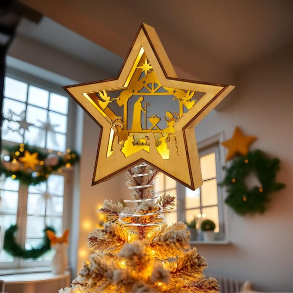 Christmas Tree Topper Star Lighted, Wooden Star Tree Toppers Christmas Decorations 1