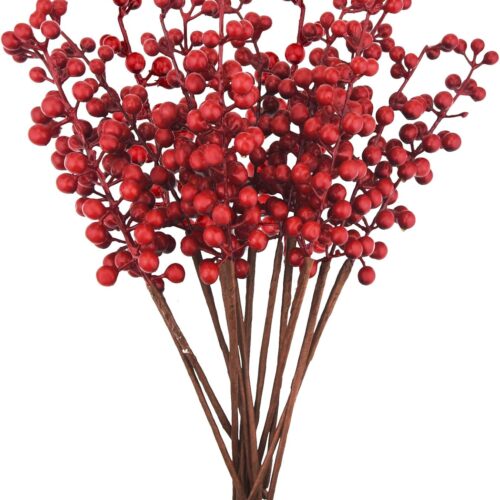 12 Pack Artificial Red Berry Stems Branches, Fake Burgundy Berry Picks Holly Berries