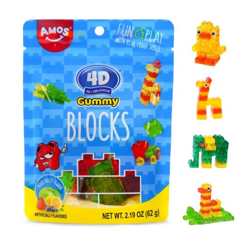 4D Gummy Blocks Candy Bricks, Edible Building Blocks, Themed Novelty Candy for Kids Birthday Party, Cupcake Topper, Resealable 2.19oz Bag (Pack of 3)