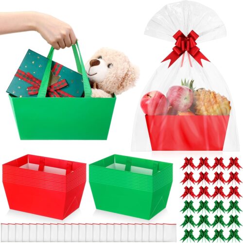 24 Pcs Christmas Baskets For Gifts Empty Gift Basket Kit with 24 Plastic Bags and 24 Pull Bows DIY Gift Packages