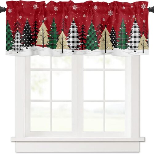 71K1PgC-WTL._AC_SL1500_ Christmas Tree Valance Curtain Red Kitchen Window Curtain Winter Snowflae Short Curtain