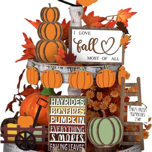 71KffoxYk1L._AC_SL1500_ 15 Pcs Fall Tiered Tray Decor Set Hello Fall Decor Autumn Wood Signs Thanksgiving