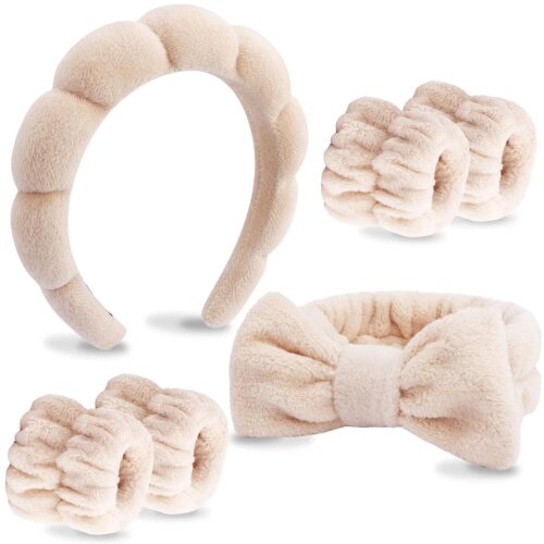71L11zCjdJL._SL1500_ 6 Pack Makeup and Skincare Headbands, Brown Sponge Hair Band Bow Tie Set