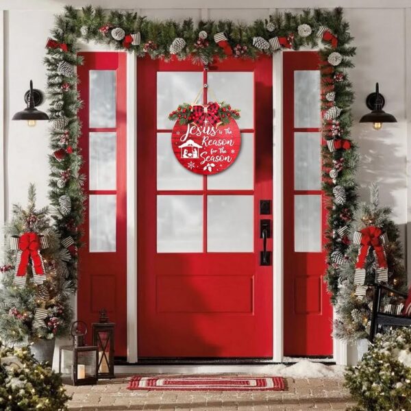 Christmas Wreath for Door, Merry Christmas Sign Christmas Door Wreath with Burlap Bow-Knot 3