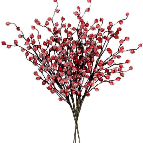 71SsTuEfD2L._AC_SL1000_ 4 Pack ICY Red Berry Picks Artificial Christmas Berry Spray Iced Berry Stems Red