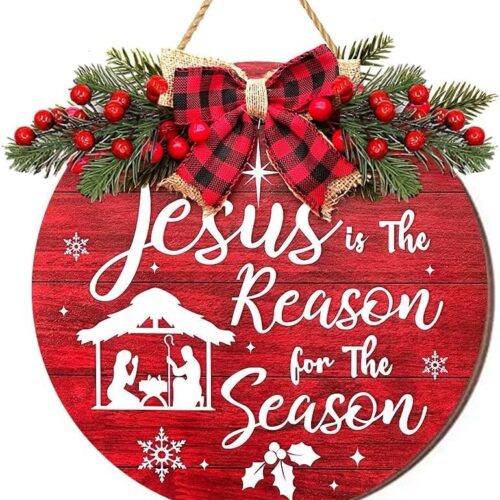 Christmas Wreath for Door, Merry Christmas Sign Christmas Door Wreath with Burlap Bow-Knot