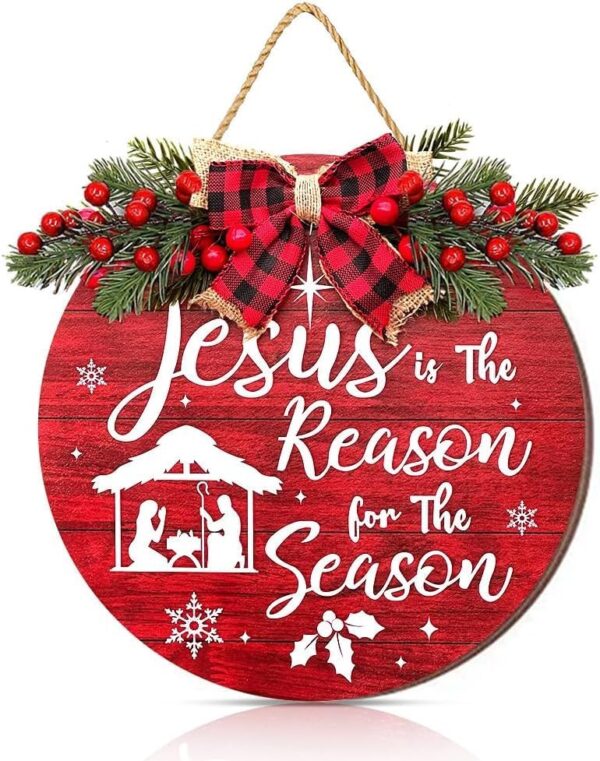Christmas Wreath for Door, Merry Christmas Sign Christmas Door Wreath with Burlap Bow-Knot 1