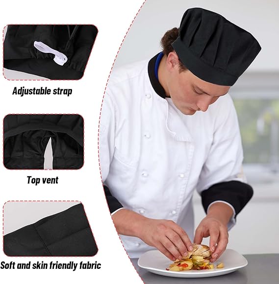 3 Pack Black Chef Hats for Adult Hibachi Hat Chef Bakers Hat Adjustable Cooking Hat for Men 3