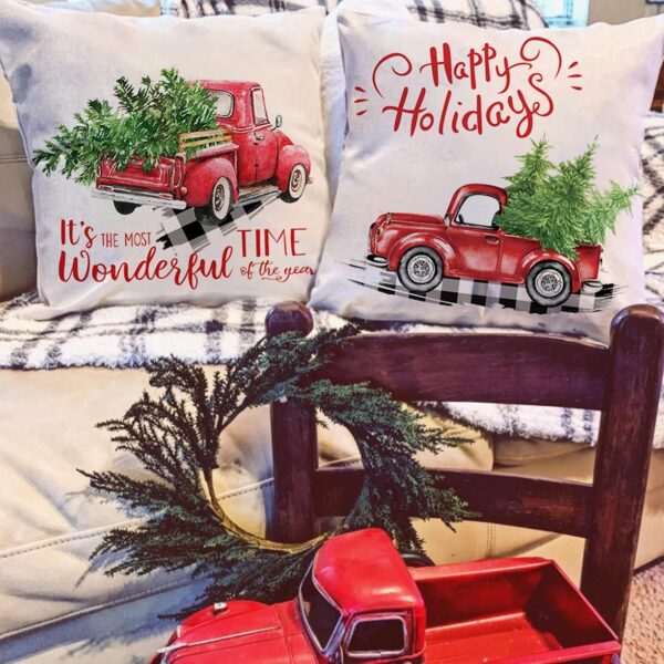 Red Truck Christmas Decor Outdoor Christmas Throw Pillow Covers 18x18 for Home Car Office, Set of 2 2