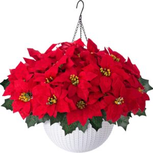 Artificial Fake Poinsettia Flowers Plants Hanging Basket for Christmas New Years Decoration