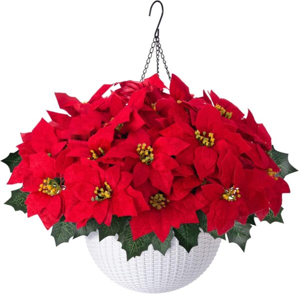 Artificial Fake Poinsettia Flowers Plants Hanging Basket for Christmas New Years Decoration 1