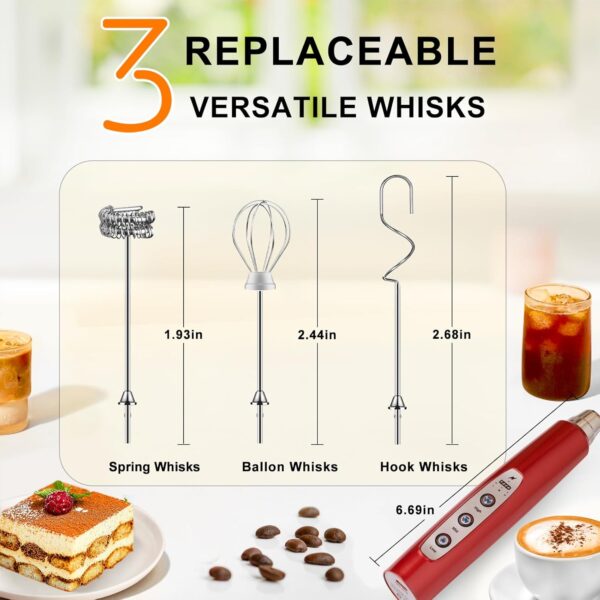 Red Milk Frother Handheld with 3 Heads 4