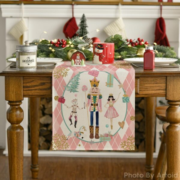 Pink Diamond Plaid Nutcracker Snowflake Christmas Table Runner 5
