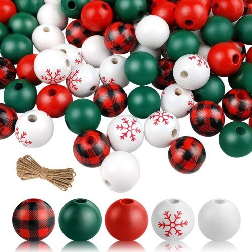 71qShYVptTL._AC_SL1500_ 210 Pcs Christmas Wooden Beads Decoration Red Green Buffalo Plaid, Christmas Tree Ornaments Garland