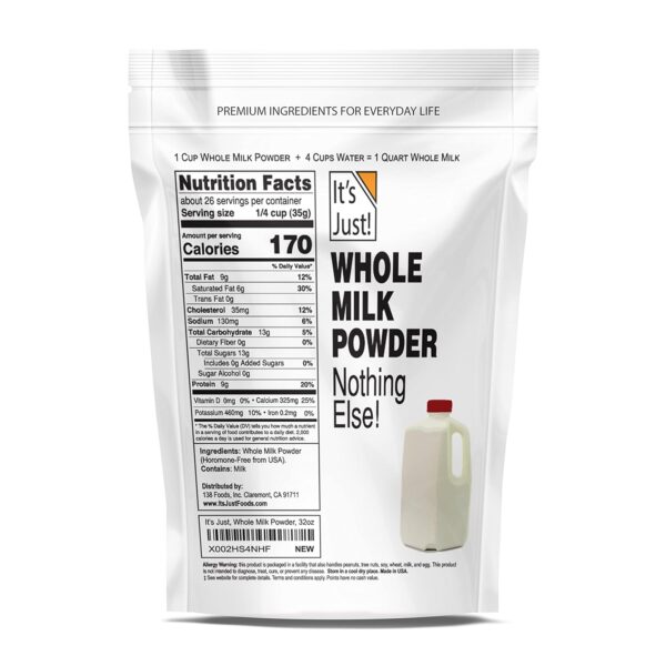 Powdered Whole Milk, Shelf Stable, Just Add Water, Makes Over 6 Gallons Milk, 2 Pound Milk Powder 2