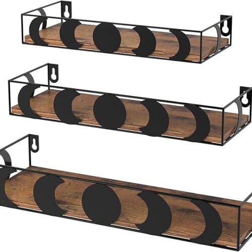 Moon Phase Wall Shelves Set of 3, Black Floating Shelves with Brown Board