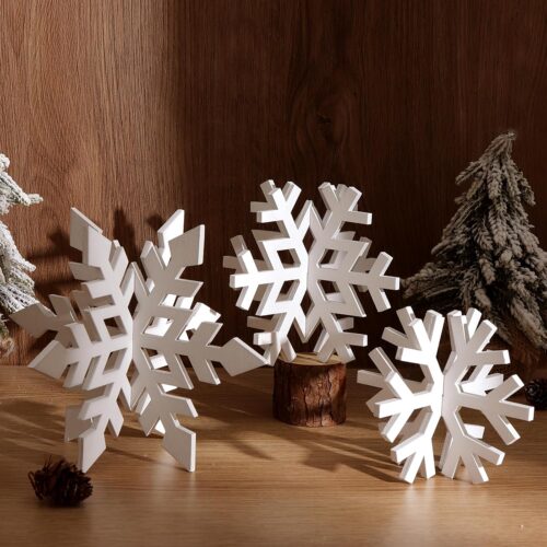 81-+3+YxxWL._AC_SL1500_ Christmas Table Wooden Sign, 3 Pcs White Snowflake Christmas Rustic Farmhouse Table Decoration