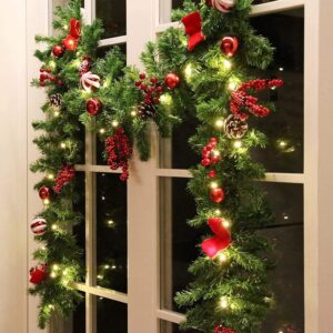 9 FT LED Christmas Garland with Pinecones Red Berries Bows Christmas Balls Candies