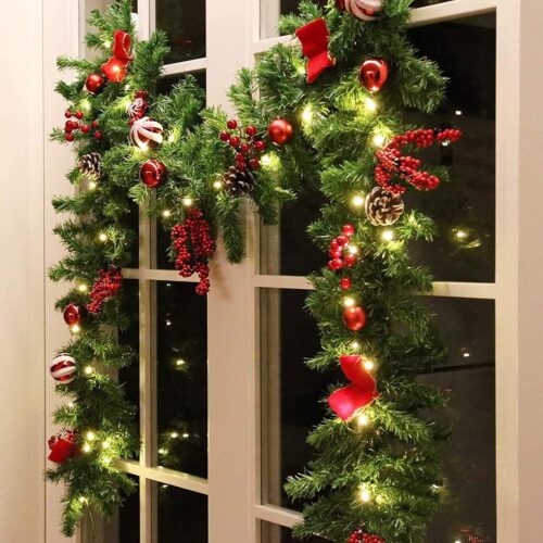 81-YWX8WTGL._AC_SL1500_ 9 FT LED Christmas Garland with Pinecones Red Berries Bows Christmas Balls Candies