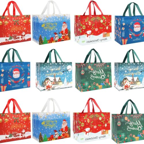 Christmas Gift Bags,12 PCS Large Reusable Christmas Tote Bags with Handles