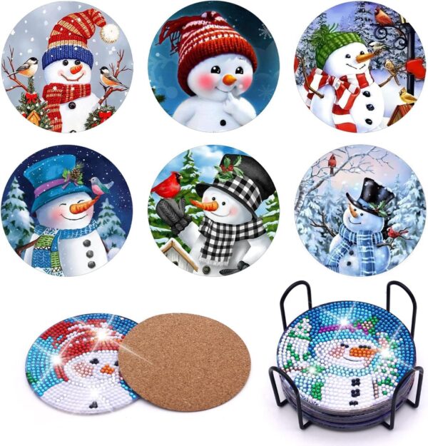6PCS Christmas Diamond Painting Coaster with Holder, Snowman Diamond Painting 1