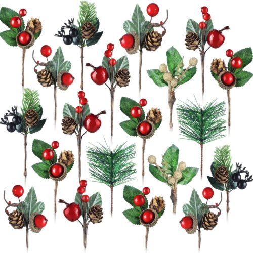 810m21uzqVL._AC_SL1500_ 28 Pcs Artificial Christmas Red Berry Picks Pine Cones Holly Berries Flower Stem