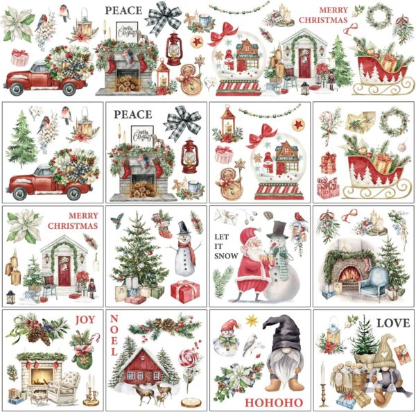 12 Sheets Christmas Rub on Transfers Classic Watercolor Santa Snowman Gnome 1