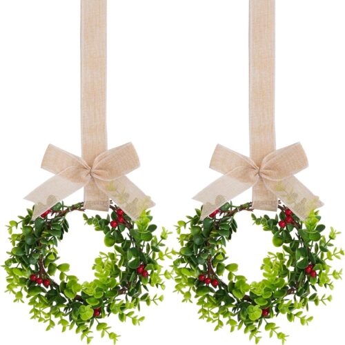 2Pcs Mini Christmas Wreaths Cabinet Wreaths Small Green Hanging Wreath Christmas Ornament