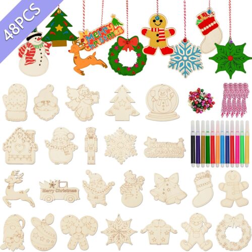 8193w9ykR8L._AC_SL1500_ 48Pcs Christmas Crafts for Kids Adults, DIY Wooden Christmas Ornaments