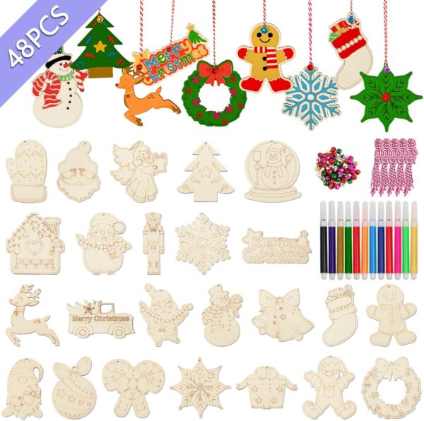 48Pcs Christmas Crafts for Kids Adults, DIY Wooden Christmas Ornaments 1
