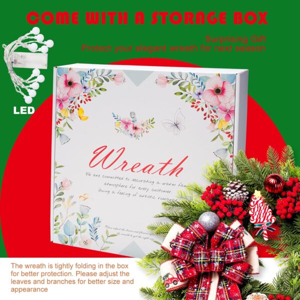 Christmas Wreaths for Front Door, 20 Inch Lighted Artificial Christmas Door Wreath with Christmas Ball Bow 3