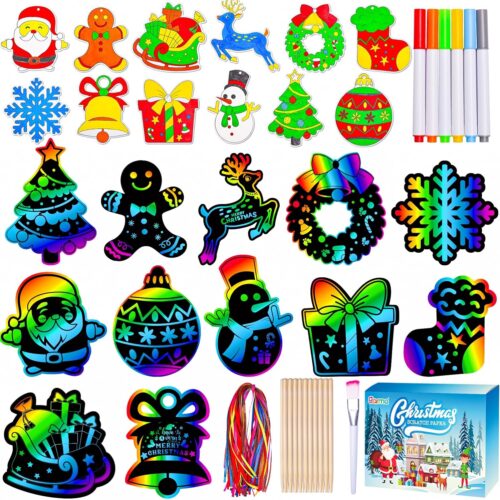 81BQTNAliJL._AC_SL1500_ 36Pcs Christmas Crafts Scratch Art for Kids, Rainbow Scratch Paper Christmas Ornaments