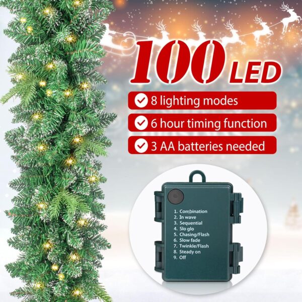 9FT Christmas Garland with Lights 100 LED Prelit Real-Like Tips and Snow Branches 3