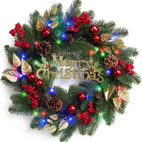 18 Inch Christmas Wreaths for Front Door, Lighted Outdoor Christmas Wreath with 40 LED Lights