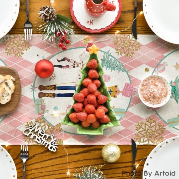 Pink Diamond Plaid Nutcracker Snowflake Christmas Table Runner 4