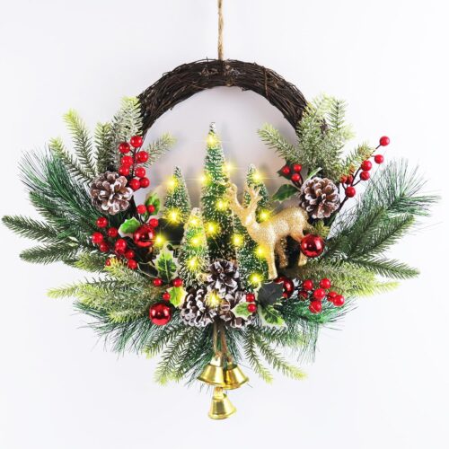 81IbzUMXypL._AC_SL1500_ 21" Pre-Lit Christmas Wreath for Front Door,Christmas Wreath Decorations with Golden Christmas Reindeer Jingle Bells Pine Cones